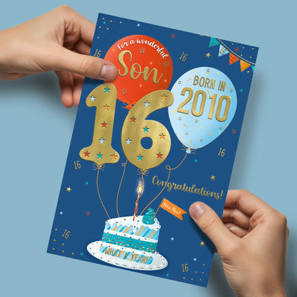 16th Birthday Card for Son – Balloons, Cake & Fun Facts Design
