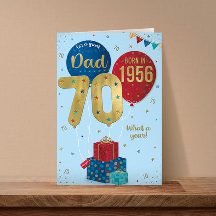 Birthday Card for Dad – Fun 70th Birthday Design with Presents & Balloons