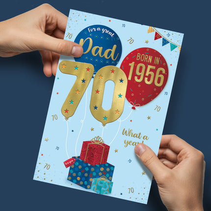 Birthday Card for Dad – Fun 70th Birthday Design with Presents & Balloons