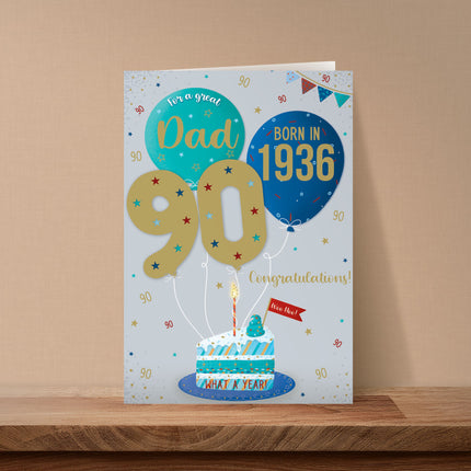 Birthday Card for Dad – Fun 90th Birthday Cake & Balloons Design