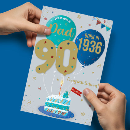 Birthday Card for Dad – Fun 90th Birthday Cake & Balloons Design