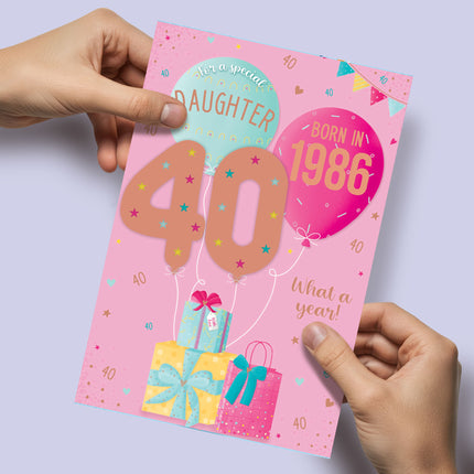 40th Birthday Card for Daughter – Balloons, Presents & Stars Design