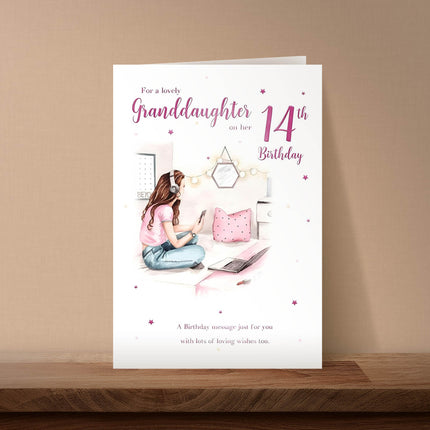 14th Birthday Card for Granddaughter – Artistic Girls Bedroom Foil Design