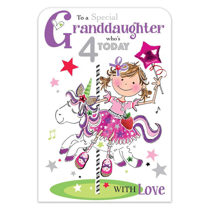 Birthday Card for a Special Granddaughter – Age 4 Unicorn Design