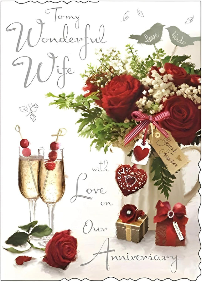 Anniversary Card for Wife – Love Birds Velvet Design with Embossed Foil & Flitter Finish