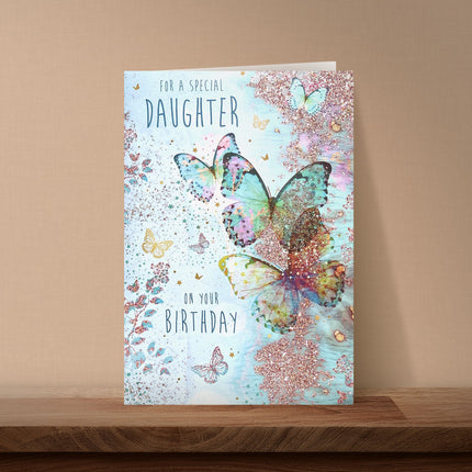 Birthday Card for Daughter – Turquoise Butterflies Elegant Flitter Design