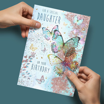 Birthday Card for Daughter – Turquoise Butterflies Elegant Flitter Design