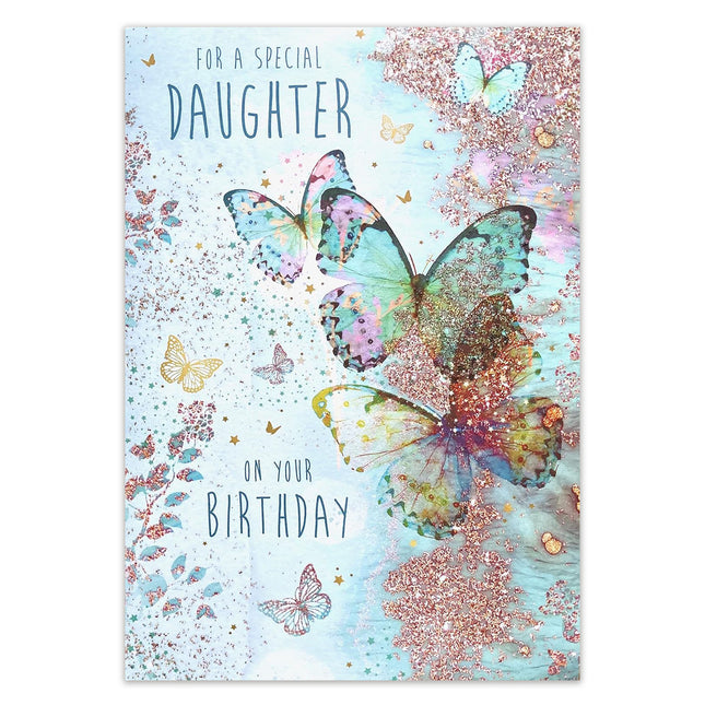 Birthday Card for Daughter – Turquoise Butterflies Elegant Flitter Design