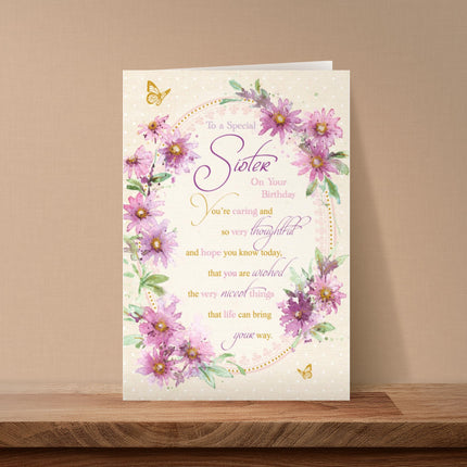 Birthday Card for Sister – Floral Wreath & Gold Foil Design