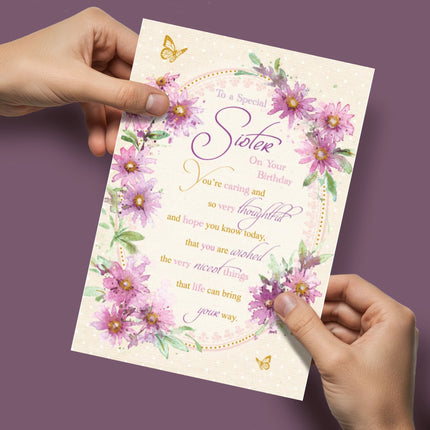 Birthday Card for Sister – Floral Wreath & Gold Foil Design