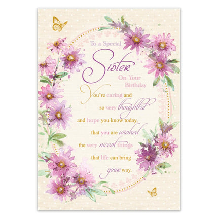 Birthday Card for Sister – Floral Wreath & Gold Foil Design