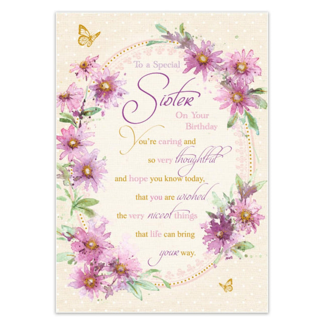 Birthday Card for Sister – Floral Wreath & Gold Foil Design