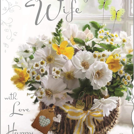 Birthday Card for Wife – Basket of Flowers Velvet Design with Embossed, Foil & Flitter Finish