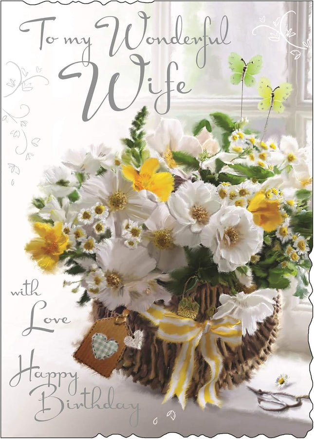 Birthday Card for Wife – Basket of Flowers Velvet Design with Embossed, Foil & Flitter Finish