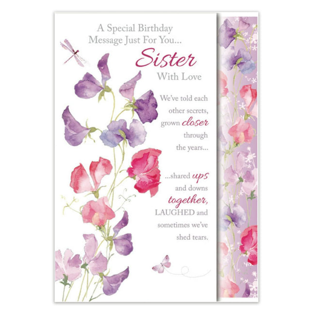 Birthday Card for Sister – Floral & Dragonflies Sentimental Design