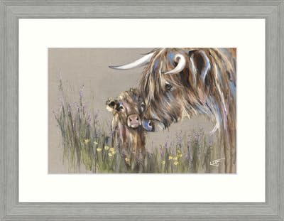 Highland Cows Framed Print Wall Art - Animal Themed Home Decor - Louise Luton Artwork - Ready to Hang 'Heather and Buttercup' Painting - 35 x 45 cm