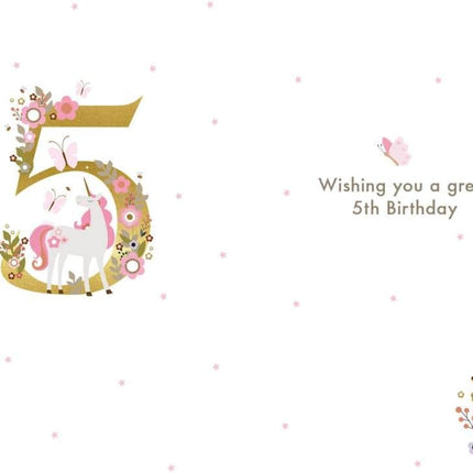 Birthday Card for Girl - Age 5 Unicorn & Gold Foil Design