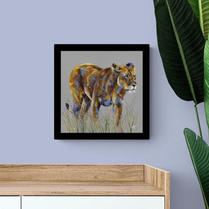 Lioness Framed Print Wall Art - 'Huntress' by Louise Luton - Safari Animal Themed Artwork - Ready to Hang Home Décor - 33.5cm x 33.5cm