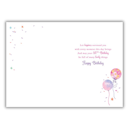 50th Birthday Card for Women - Floral Balloon Design - Embossed Foil Finish - Age 50 Birthday Greeting Card for Her