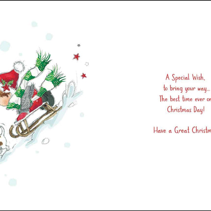 Cousin Christmas Card for Him - Special Cousin - Boy and Dog Sledging in the Snow - Artistic Festive Design - Special Finishes and Illustrated Insert Leaf - Made in the UK