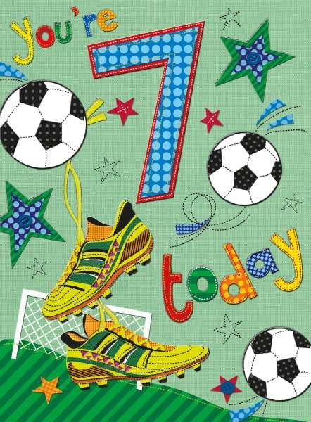 7th Birthday Card for Boys - Age 7 - Sporty Football Design - Embossed Metallic Finish - Premium Greeting Card with Envelope