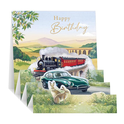 3D Pop Up Birthday Card for Him - Classic Car & Steam Train in Countryside Design with Embossed Foil Finish, Eco-Friendly & Made in the UK