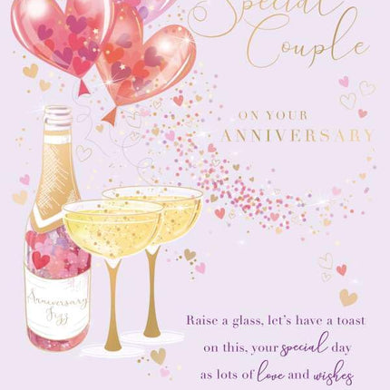 Anniversary Card for Special Couple - Romantic Fizz & Love Hearts Design - Gold Foil Finish - Premium Greeting Card with Envelope