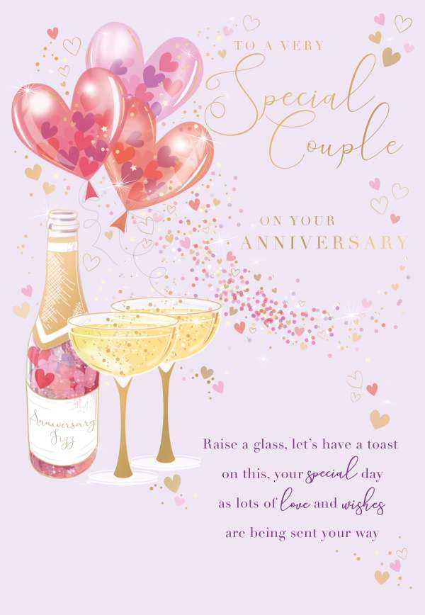 Anniversary Card for Special Couple - Romantic Fizz & Love Hearts Design - Gold Foil Finish - Premium Greeting Card with Envelope