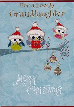 Christmas Card for Grandaughter - Festive Owls - Gold Foil Finish - Premium Quality Lovely Granddaughter Christmas Greeting Card with Envelope