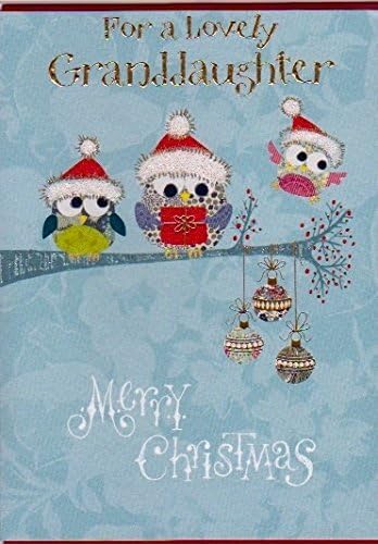 Christmas Card for Grandaughter - Festive Owls - Gold Foil Finish - Premium Quality Lovely Granddaughter Christmas Greeting Card with Envelope
