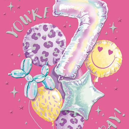 7th Birthday Card for Girls - Age 7 - Girly Balloons Design - Embossed Metallic Finish - Premium Greeting Card with Envelope