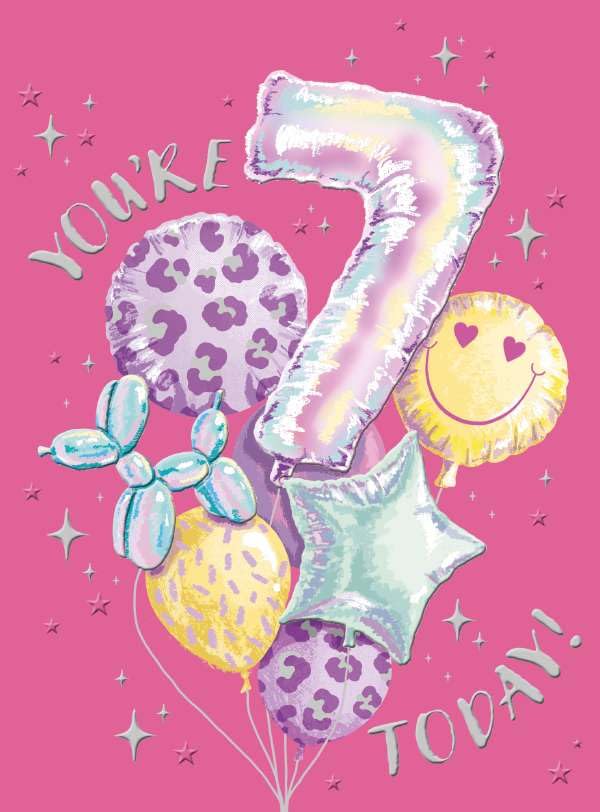 7th Birthday Card for Girls - Age 7 - Girly Balloons Design - Embossed Metallic Finish - Premium Greeting Card with Envelope