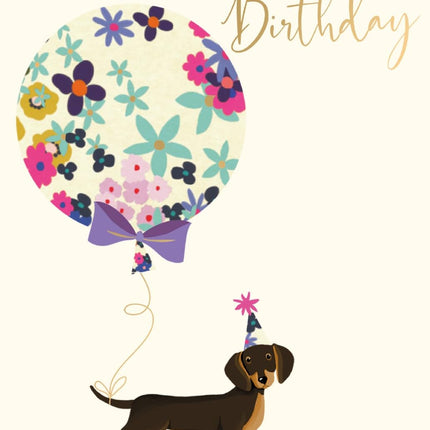 Birthday Card for Women - Cute Dachshund Dog & Balloon Design - Gold Foil Finish - Premium Greeting Card with Envelope