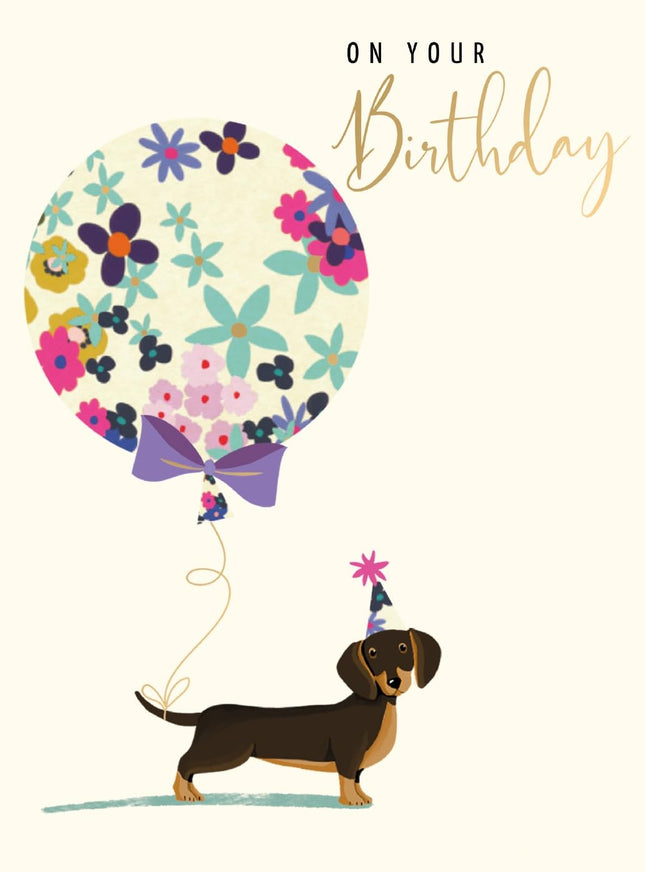 Birthday Card for Women - Cute Dachshund Dog & Balloon Design - Gold Foil Finish - Premium Greeting Card with Envelope