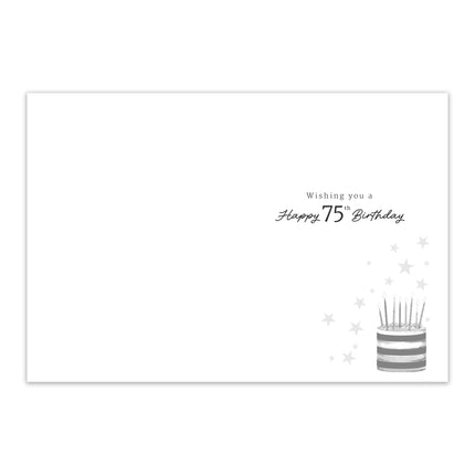75th Birthday Card for Him - Cake & Balloons Design with Embossed Foil Finish, Eco-Friendly & Made in the UK