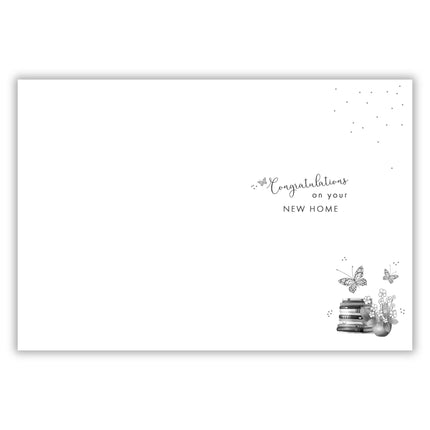 New Home Card - Stylish Dog and Book Design - Embossed Foil Finish - New Home Greeting Card for Friends or Family