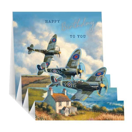 3D Pop Up Birthday Card for Men - Spitfire Planes over Countryside - Embossed Foil Finish - Premium Greeting Card with Envelope