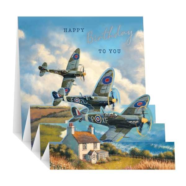 3D Pop Up Birthday Card for Men - Spitfire Planes over Countryside - Embossed Foil Finish - Premium Greeting Card with Envelope