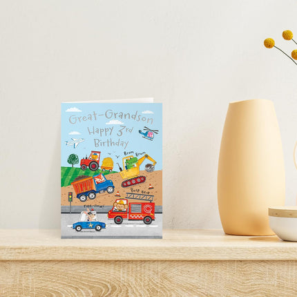 3rd Birthday Card for Great Grandson - Cute Animal & Vehicle Design with Trucks, Diggers & Emergency Vehicles - Age 3 Birthday Greeting Card for Boys