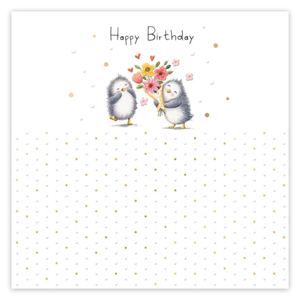 Birthday Card for Her, Cute Penguins and Floral Bouquet