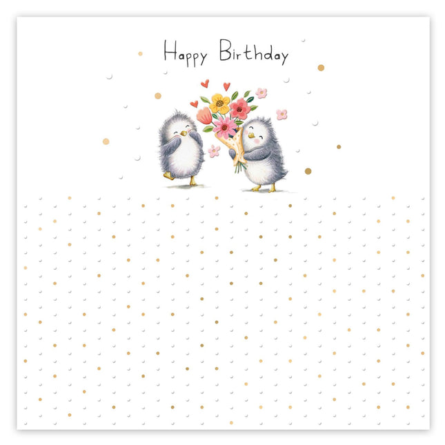 Birthday Card for Her, Cute Penguins and Floral Bouquet