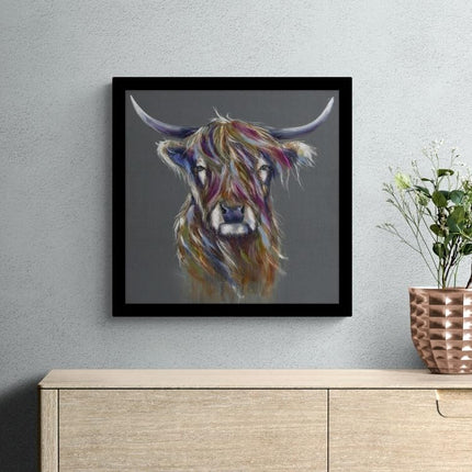 Highland Cow Framed Print - Harris Painting by Louise Luton - Contemporary Animal Themed Artwork - 43.5 x 43.5 cm