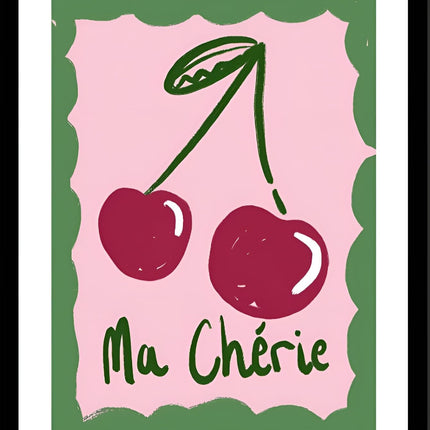 'Ma Cherie' Graphic Cherries Framed Wall Art - 42 x 32 cm Ready to Hang Artwork Print for Home Decor - Pictures, Paintings & Prints for Living Room, Bedroom, Kitchen
