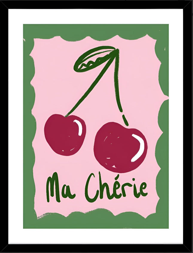 'Ma Cherie' Graphic Cherries Framed Wall Art - 42 x 32 cm Ready to Hang Artwork Print for Home Decor - Pictures, Paintings & Prints for Living Room, Bedroom, Kitchen