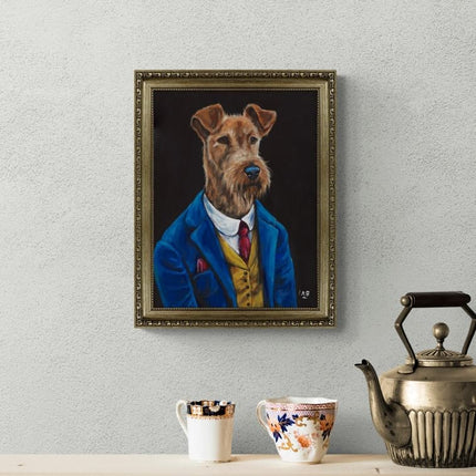 Artistic Dog in Suit Framed Print Wall Art - 'Fergus Fleabag' by Louise Brown - Quirky Animal Themed Artwork - Ready to Hang Home Décor - 45cm x 35cm