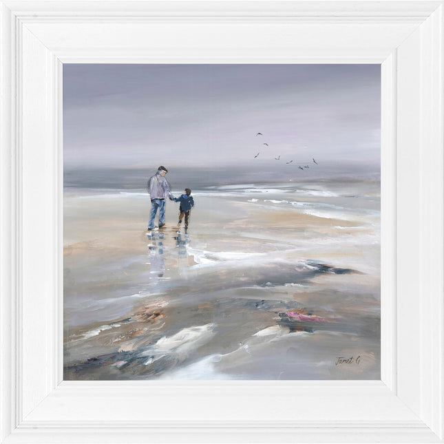Coastal Dog Walk Framed Print Wall Art - Scenic Seascape Themed Home Decor - Janet Gammans Artwork - Ready to Hang 'Beach Walk II' Painting - 39 x 39cm
