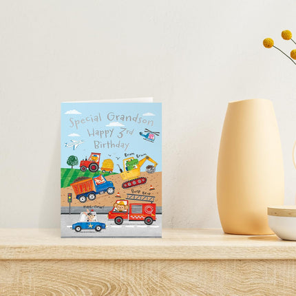 3rd Birthday Card for Grandson – Cute Animal & Vehicle Design with Trucks, Diggers & Emergency Vehicles - 9 x 6 - Age 3 Birthday Greeting Card for Special Grandson - For Boys