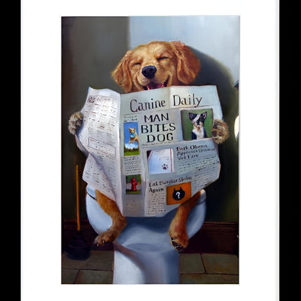 'Dog Gone Funny' by Lucia Hefferman Dog on the Toilet Framed Wall Art - 43.5 x 33.5 cm Ready to Hang Artwork Print for Home Decor - Pictures, Paintings & Prints for Living Room, Bedroom, Kitchen