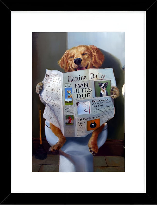 'Dog Gone Funny' by Lucia Hefferman Dog on the Toilet Framed Wall Art - 43.5 x 33.5 cm Ready to Hang Artwork Print for Home Decor - Pictures, Paintings & Prints for Living Room, Bedroom, Kitchen