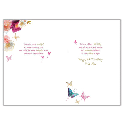 17th Birthday Card for Granddaughter - Age 17 Pretty Girl & Butterflies Design - Premium Greeting Card with Envelope